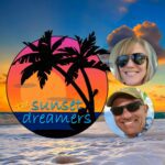 Tropical sunset logo with cheerful faces.