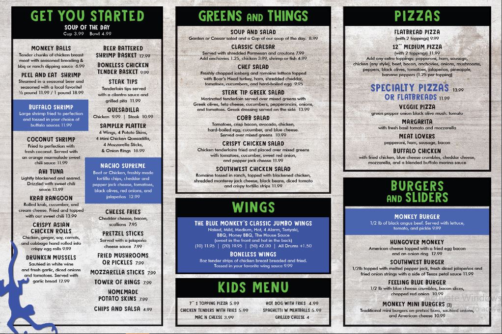 Menu – The Blue Monkey Bar and Grille